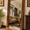 Vintage carved wood floor mirror with floral leaf borders leaning in a living room interior (74 x 43 inches)-collectible vintage1