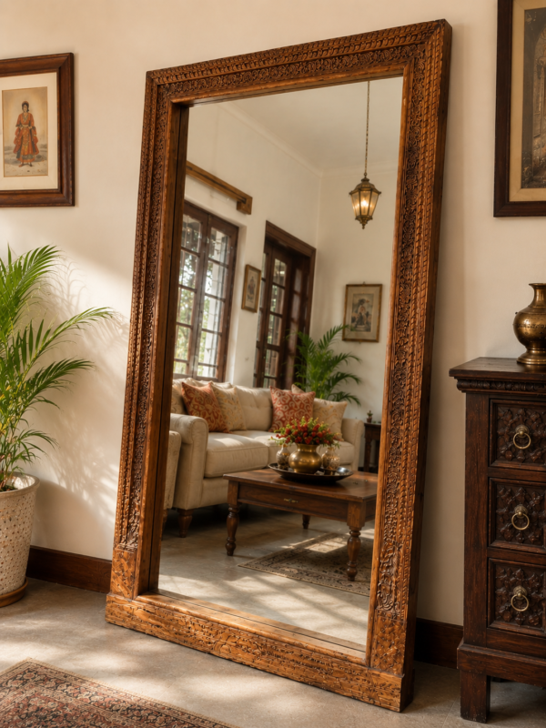 Vintage carved wood floor mirror with floral leaf borders leaning in a living room interior (74 x 43 inches)-collectible vintage1