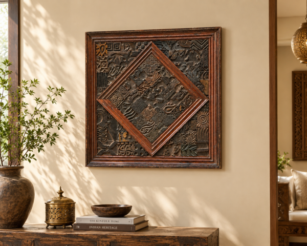 2x2 feet handcrafted wooden wall art with intricate vintage carved patterns and rustic wooden frame-Collectible vintage-1
