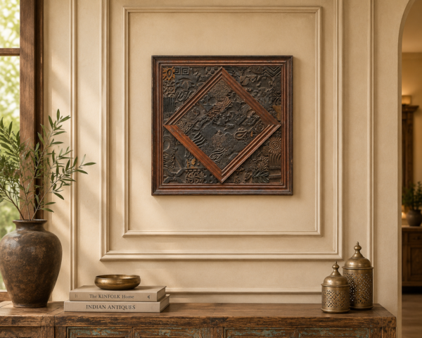 2x2 feet handcrafted wooden wall art with intricate vintage carved patterns and rustic wooden frame-Collectible vintage-2