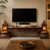 70 inch handcrafted wooden TV console with intricate carved detailing and decorative candle niches-COLLECTIBLE VINTAGE1