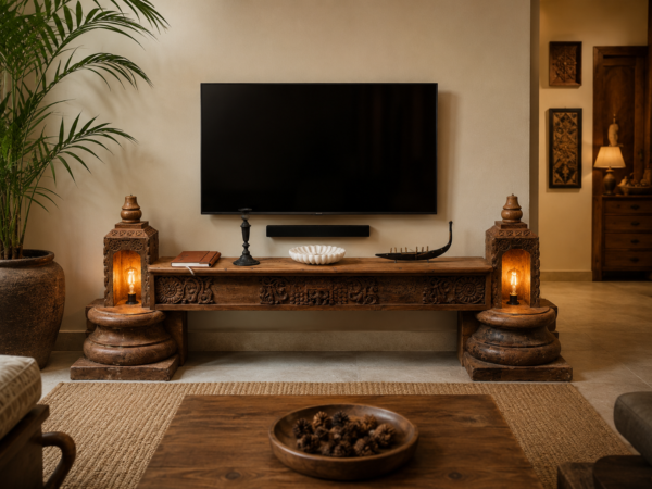 70 inch handcrafted wooden TV console with intricate carved detailing and decorative candle niches-COLLECTIBLE VINTAGE1