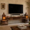 70 inch handcrafted wooden TV console with intricate carved detailing and decorative candle niches-COLLECTIBLE VINTAGE