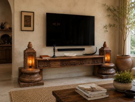 70 inch handcrafted wooden TV console with intricate carved detailing and decorative candle niches-COLLECTIBLE VINTAGE