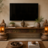 Handcrafted wooden TV console table with intricate carved front panel in a vintage living room-COLLECTIBLE VINTAGE