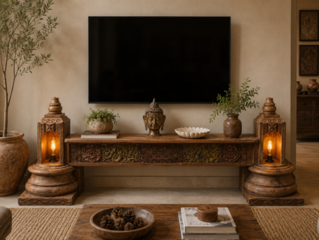 Handcrafted wooden TV console table with intricate carved front panel in a vintage living room-COLLECTIBLE VINTAGE