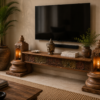 Handcrafted wooden TV console table with intricate carved front panel in a vintage living room-COLLECTIBLE VINTAGE1