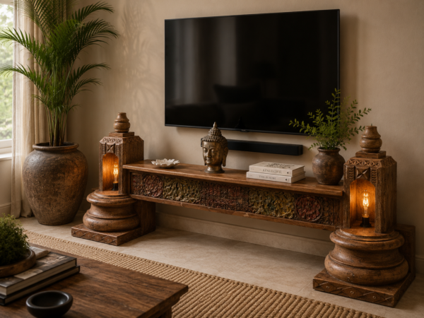 Handcrafted wooden TV console table with intricate carved front panel in a vintage living room-COLLECTIBLE VINTAGE1