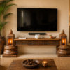 70 inch handcrafted wooden TV console with intricate carved detailing and decorative candle niches-COLLECTIBLE VINTAGE1