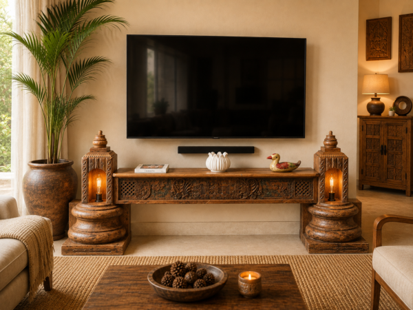 70 inch handcrafted wooden TV console with intricate carved detailing and decorative candle niches-COLLECTIBLE VINTAGE1