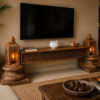 70 inch handcrafted wooden TV console with intricate carved detailing and decorative candle niches-COLLECTIBLE VINTAGE