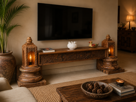 70 inch handcrafted wooden TV console with intricate carved detailing and decorative candle niches-COLLECTIBLE VINTAGE