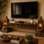 Handcrafted wooden TV unit with intricate carvings, decorative candle niches and rustic antique finish-COLLECTIBLE VINTAGE2