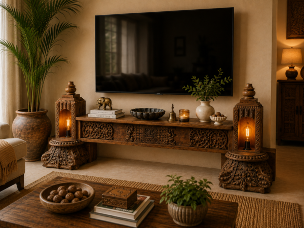 Handcrafted wooden TV unit with intricate carvings, decorative candle niches and rustic antique finish-COLLECTIBLE VINTAGE2