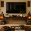Handcrafted wooden TV unit with intricate carvings, decorative candle niches and rustic antique finish-COLLECTIBLE VINTAGE1