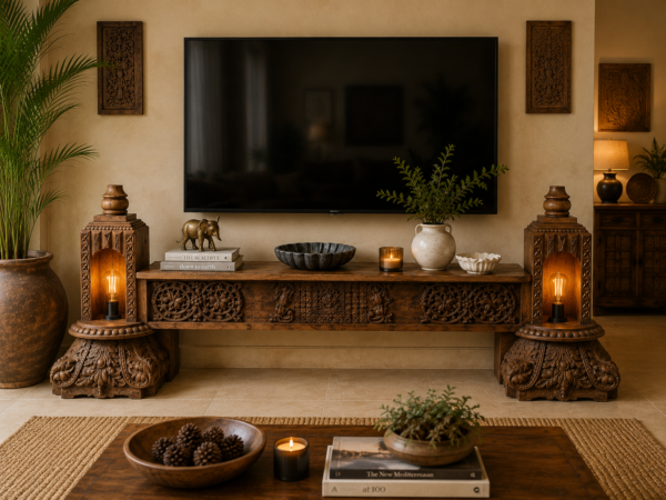 Handcrafted wooden TV unit with intricate carvings, decorative candle niches and rustic antique finish-COLLECTIBLE VINTAGE1