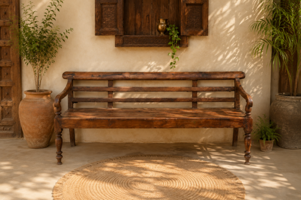 Handcrafted wooden bench with traditional design and turned wooden legs-collectible vintage-1