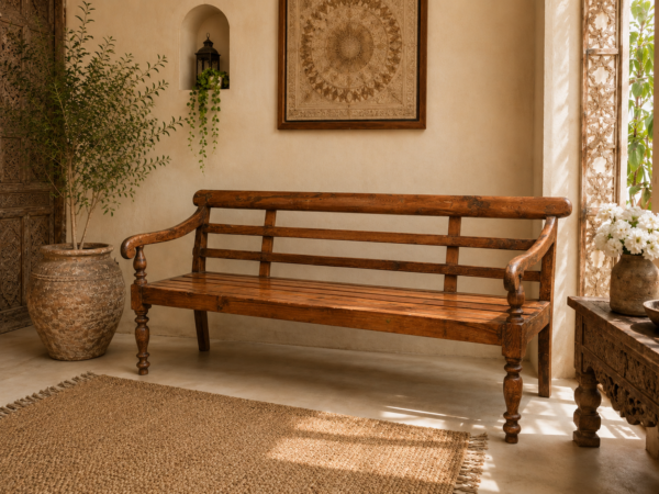 Handcrafted wooden bench with traditional design and turned wooden legs-collectible vintage-2