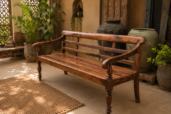 Handcrafted wooden bench with traditional design and turned wooden legs-collectible vintage-3