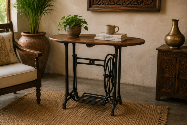 41 inch vintage sewing machine console table with rustic wooden top and cast iron base-collectible vintage