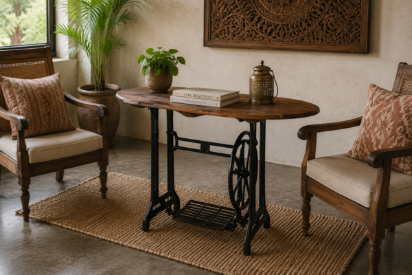 41 inch vintage sewing machine console table with rustic wooden top and cast iron base-collectible vintage1