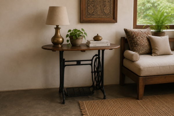 41 inch vintage sewing machine console table with rustic wooden top and cast iron base-collectible vintage2