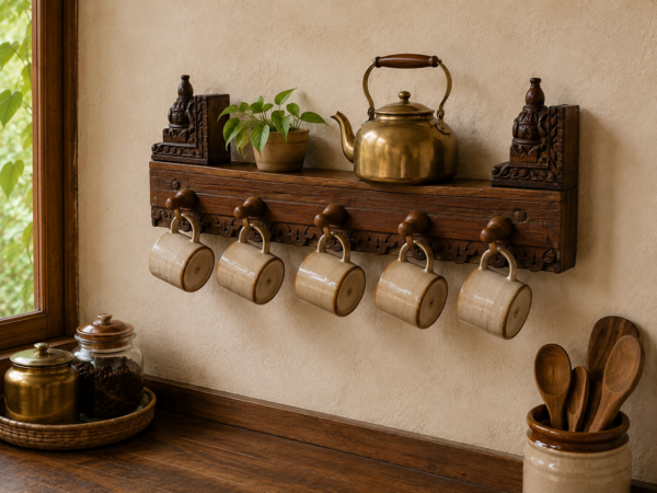 26 inch rustic handcrafted wooden wall shelf with five hooks for mugs and kitchen storage-collectible vintage-1