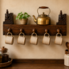 26 inch rustic handcrafted wooden wall shelf with five hooks for mugs and kitchen storage-collectible vintage-2