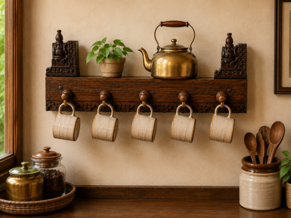 26 inch rustic handcrafted wooden wall shelf with five hooks for mugs and kitchen storage-collectible vintage-2