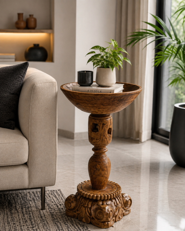Carved Wooden Side Table | Handcrafted Rustic Accent Table-collectible vintage-4