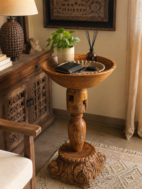 Carved Wooden Side Table | Handcrafted Rustic Accent Table-collectible vintage-3