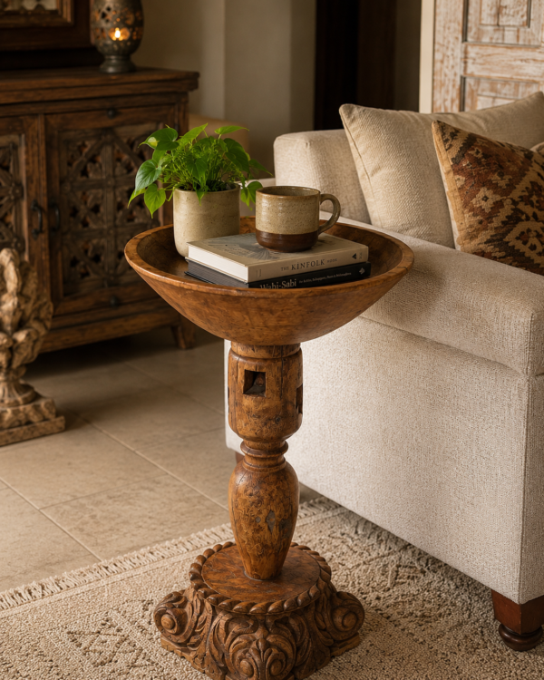 Carved Wooden Side Table | Handcrafted Rustic Accent Table-collectible vintage-2