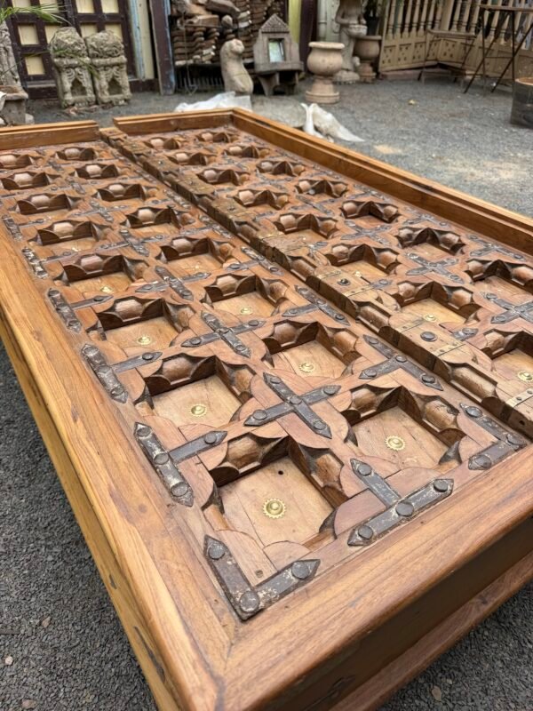 Handcrafted Vintage Wooden Coffee Table with Carved Glass Top7