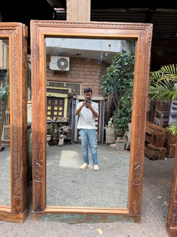 Reclaimed wood floor mirror with vintage carved trim standing against a wall in a living room interior (76 x 43 inches)-collectible vintage3