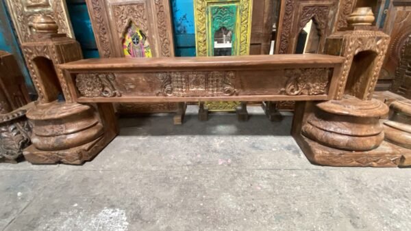 70 inch handcrafted wooden TV console with intricate carved detailing and decorative candle niches-COLLECTIBLE VINTAGE2