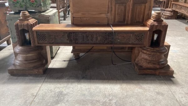 70 inch handcrafted wooden TV console with intricate carved detailing and decorative candle niches-COLLECTIBLE VINTAGE2