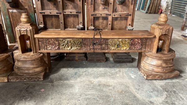 Handcrafted wooden TV console table with intricate carved front panel in a vintage living room-COLLECTIBLE VINTAGE2